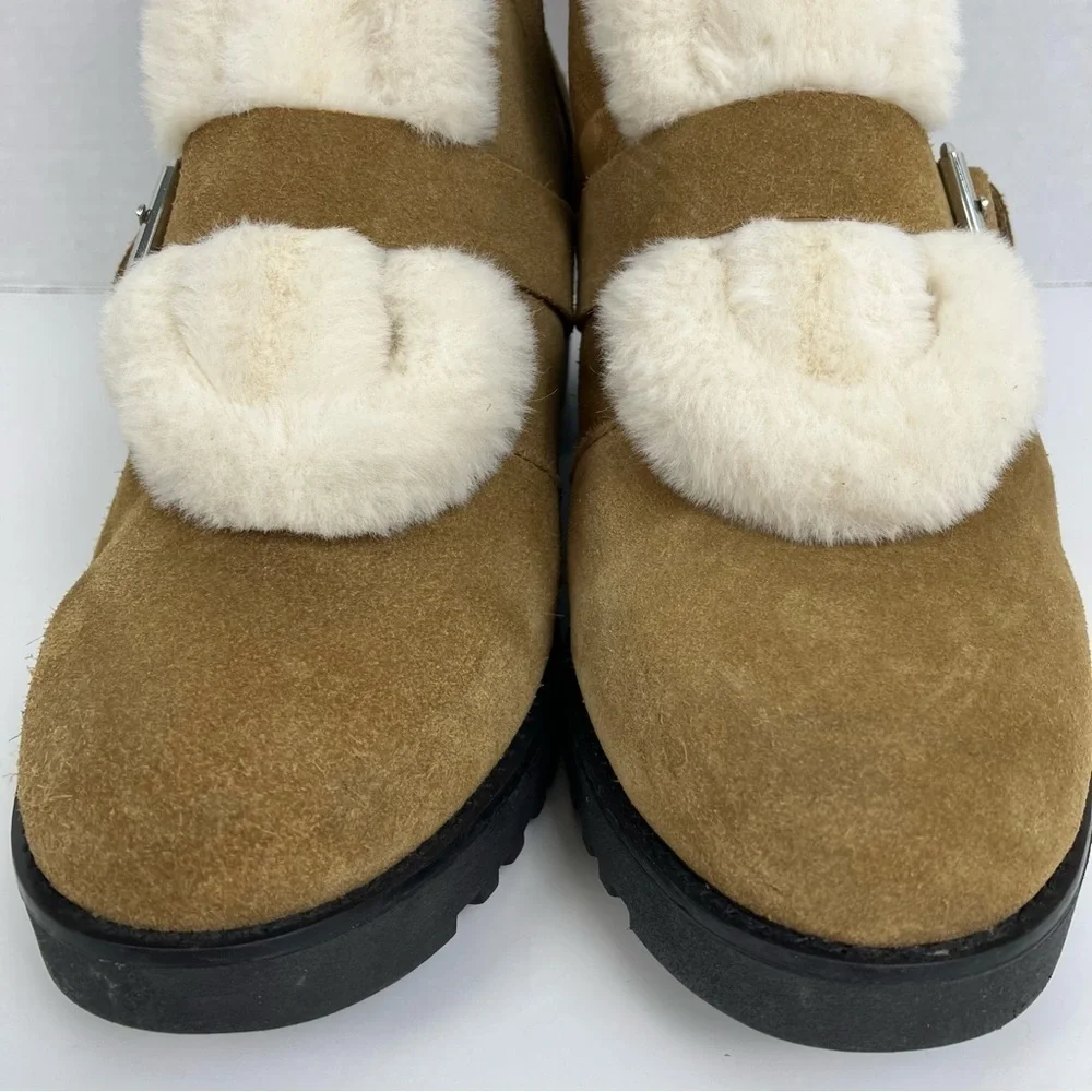Saks Fifth Avenue Hailey Suede Chunky Winter Boots w Buckles Faux Fur Trim Sz 10